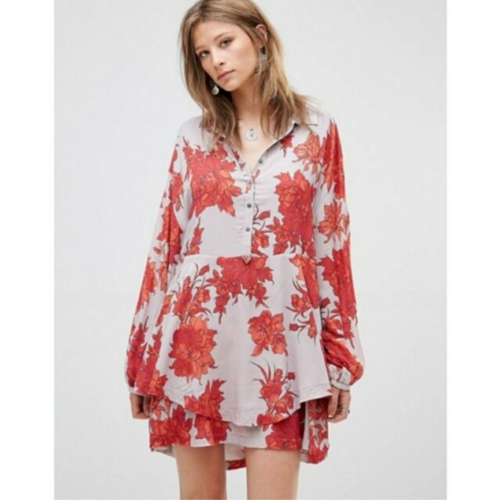 Free People Grey Red Shake It Printed Mini Shirtdress